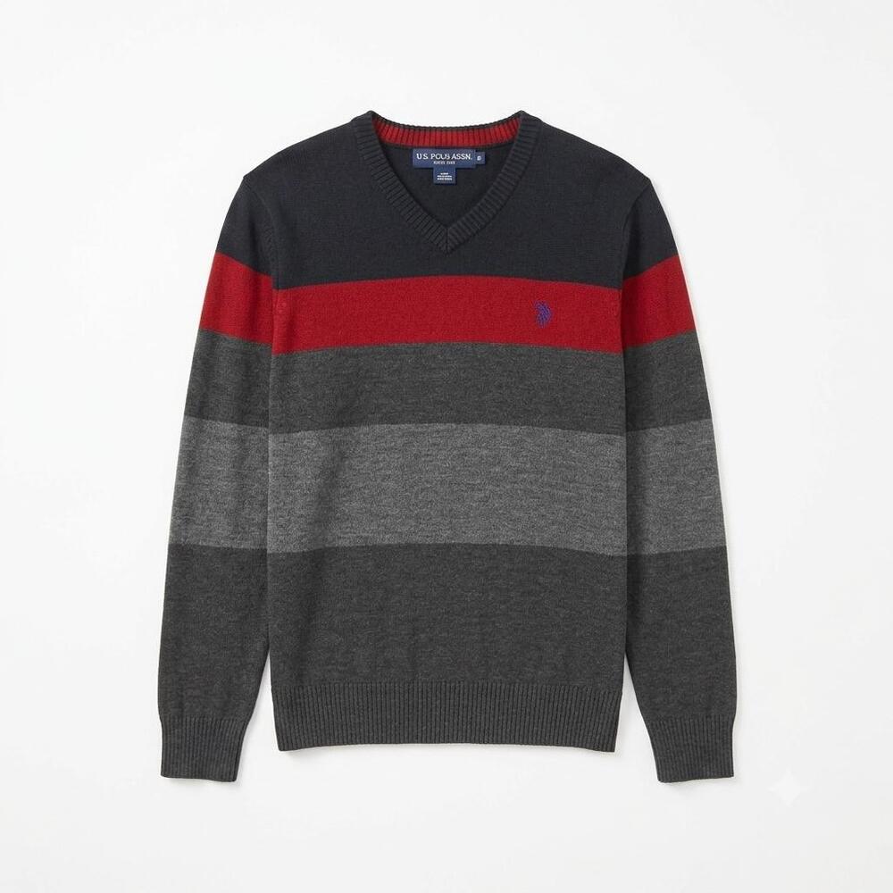 US Polo Assn Mens Striped Colorblock V-Neck Knit Sweater